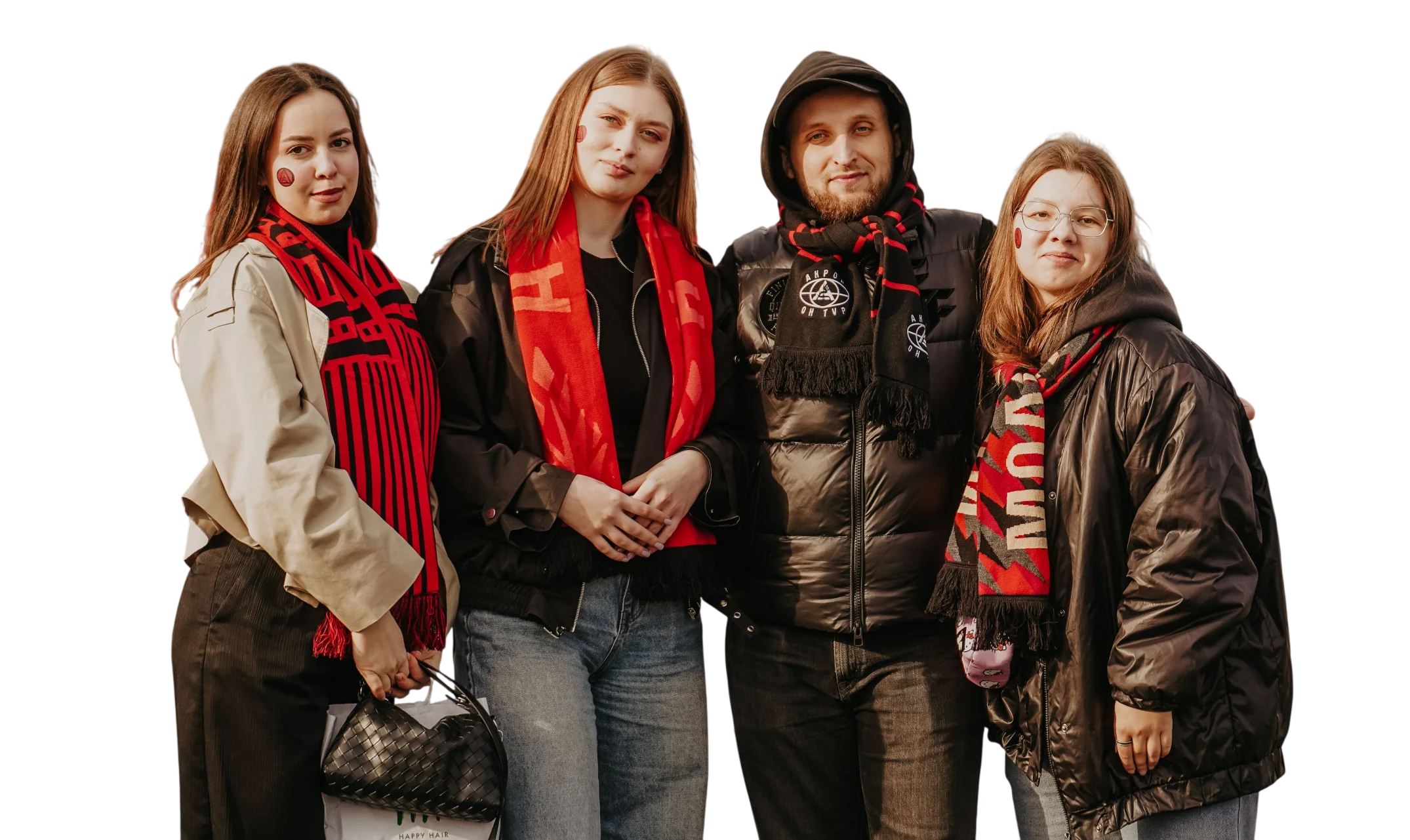 Компания молодых студентов в цветах ФК Акрон